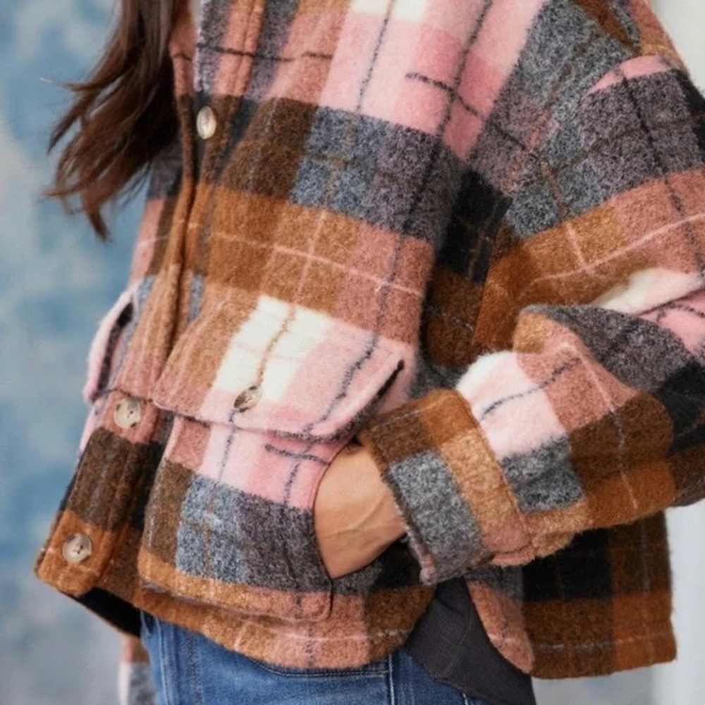 NWT Saltwater Luxe Pink and Brown Plaid Cropped Jacket sz M - Picture 2 of 7